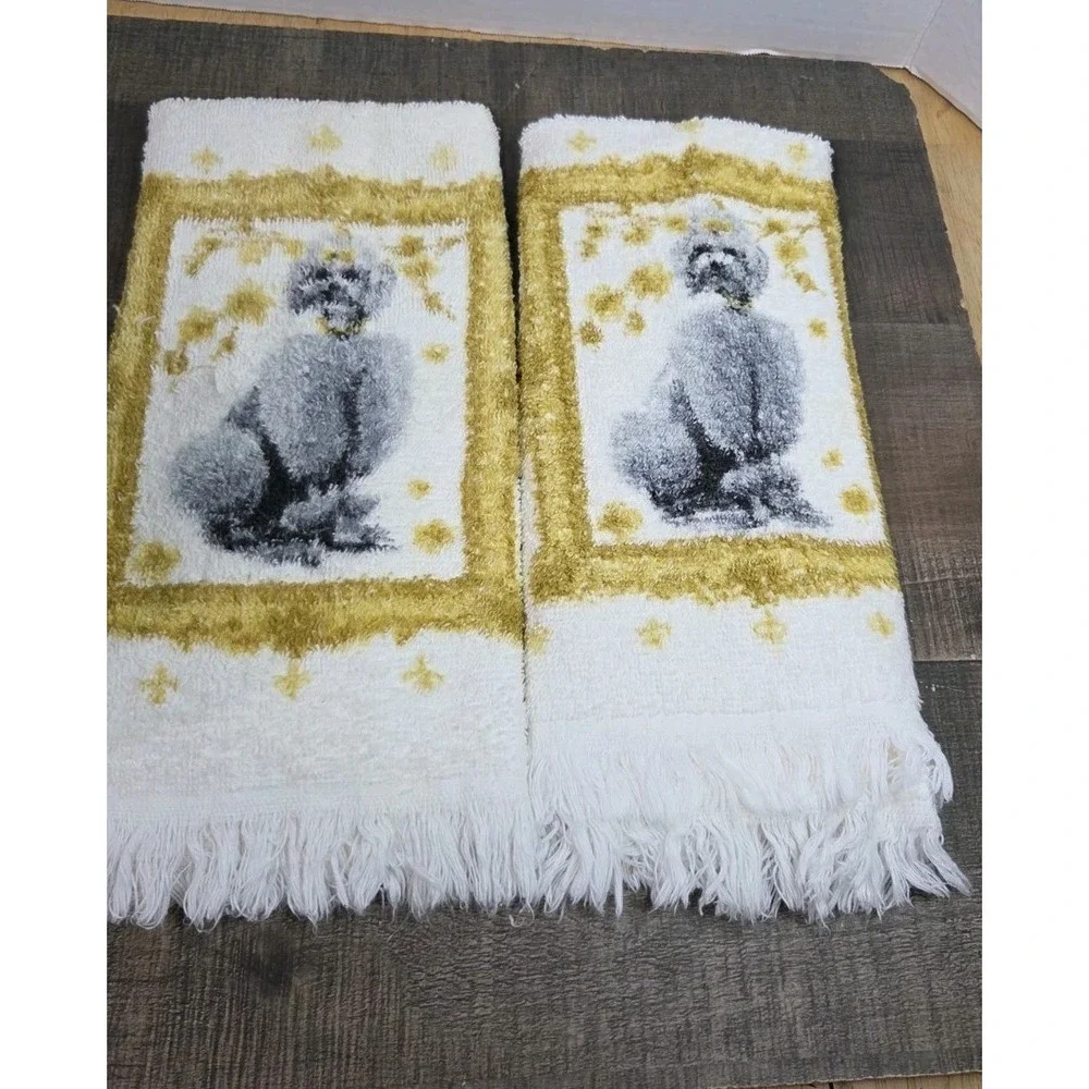 Pair Of Vtg Poodle Golden Hand Towels Towel Spring Garden By Fairfax Made In USA